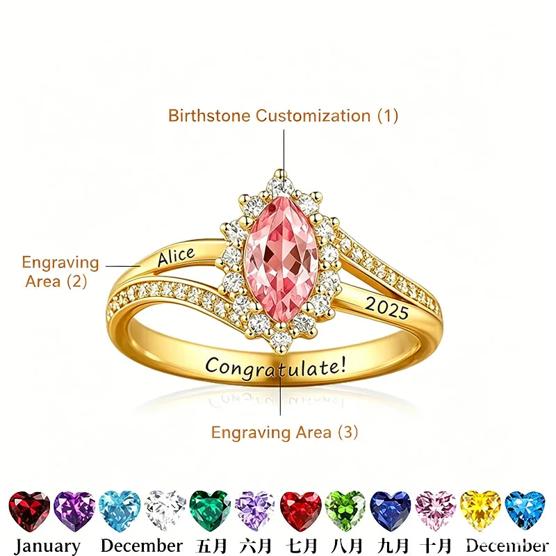 Personalized Class Rings Cut Birthstone Halo High School Graduation Ring Custom Birthstone Name University College Ceremonies