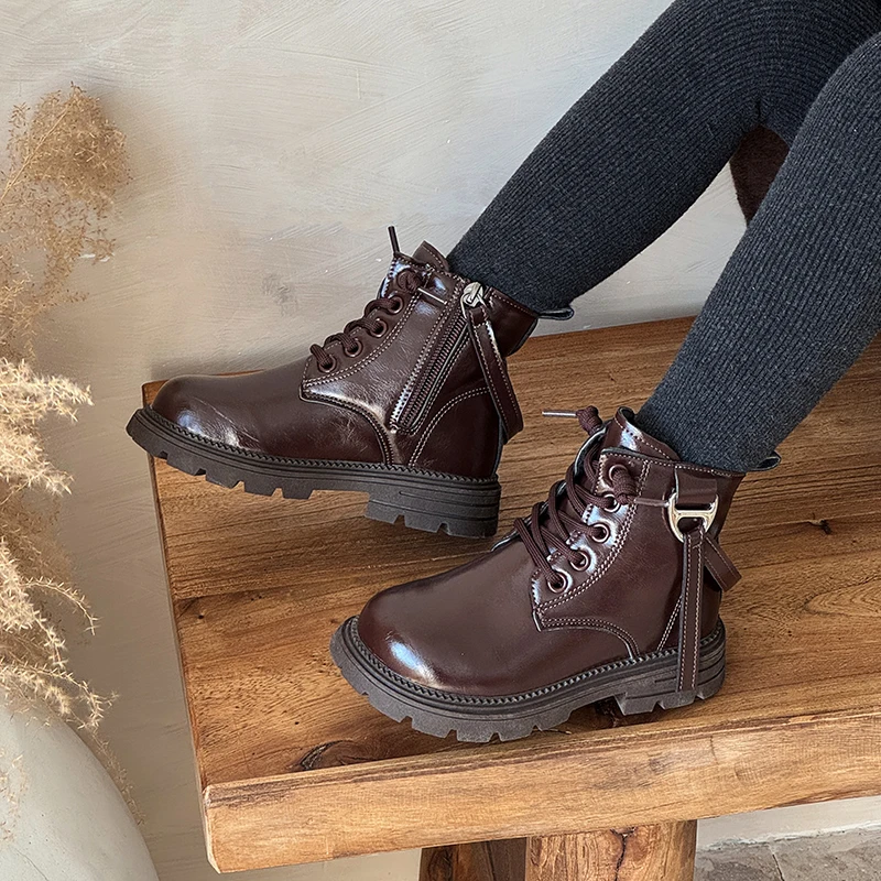 

Children's Padded Fashion Leather Boots 3-18 Years Old Brown Simple Boys Girls Cotton Shoes Hundred Non-slip Kids Short Boots