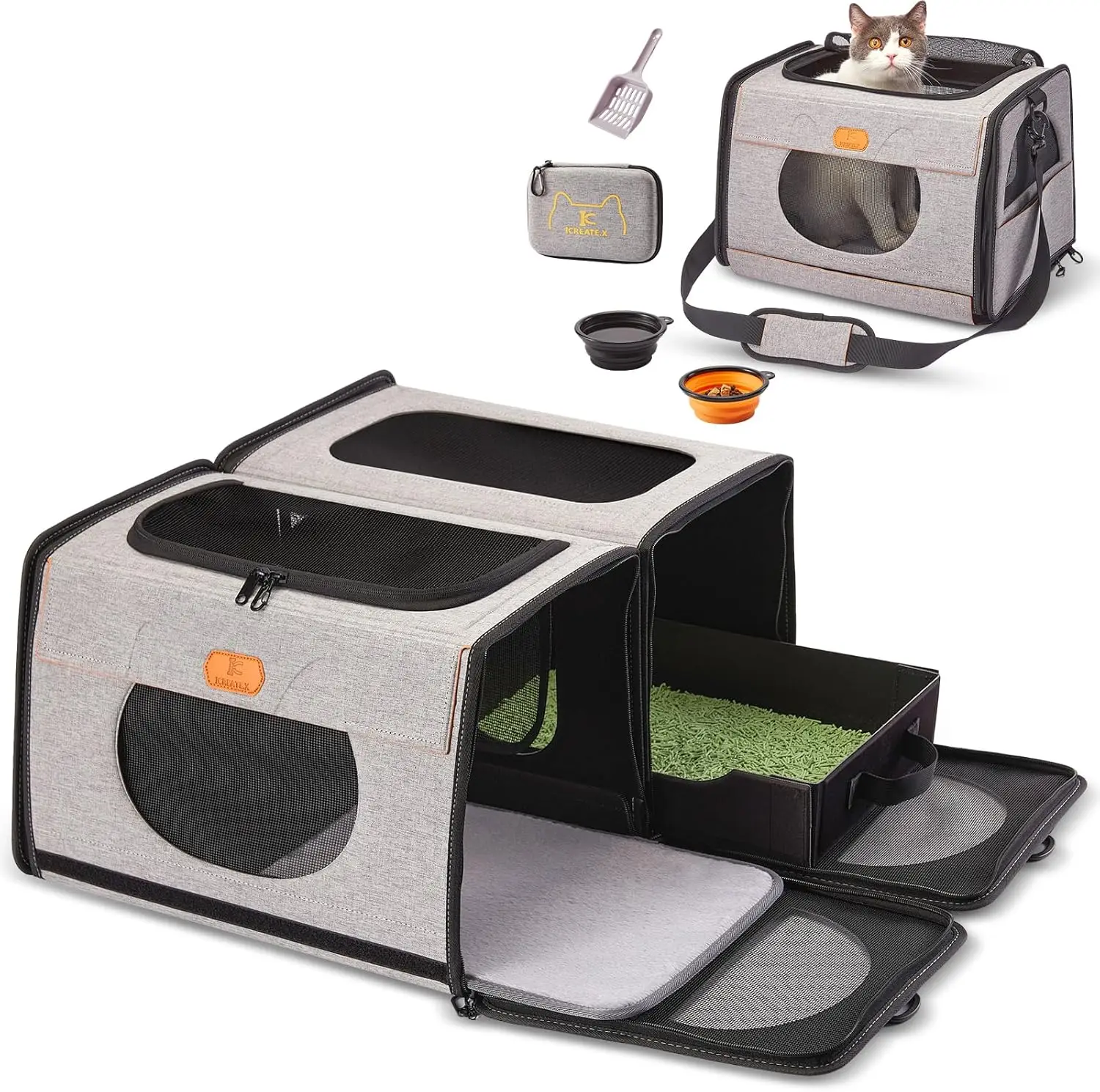 

Большая складная переноска для кошек с лотком для туалета для поездок на автомобиле, сумка-переноска 2-в-1 для животных для дальних поездок