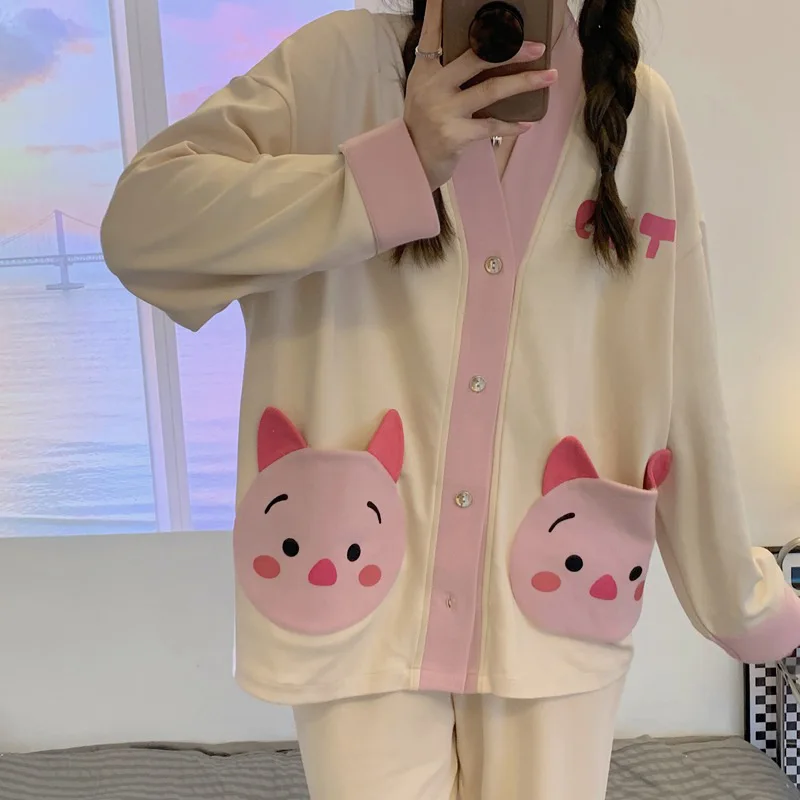 Spring and Autumn Ladies New Two-Piece Pajamas Homewear Cute Pig Print Pajamas Girls Long-Sleeved Long Trousers Pajamas Homewear