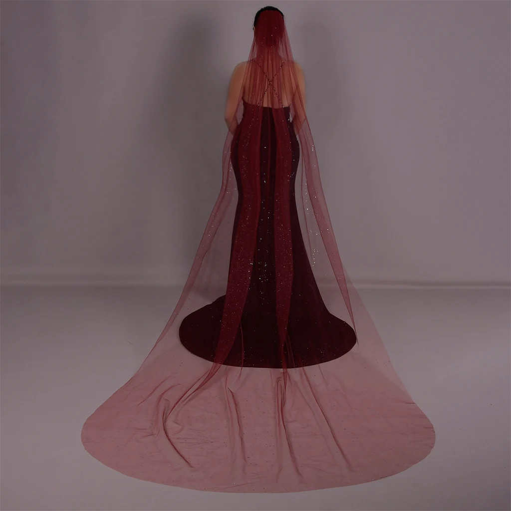 YUEJI-velo de una sola capa con purpurina roja brillante, estilo largo con peine para el pelo, velo de novia, accesorios de boda, iglesia, 0221