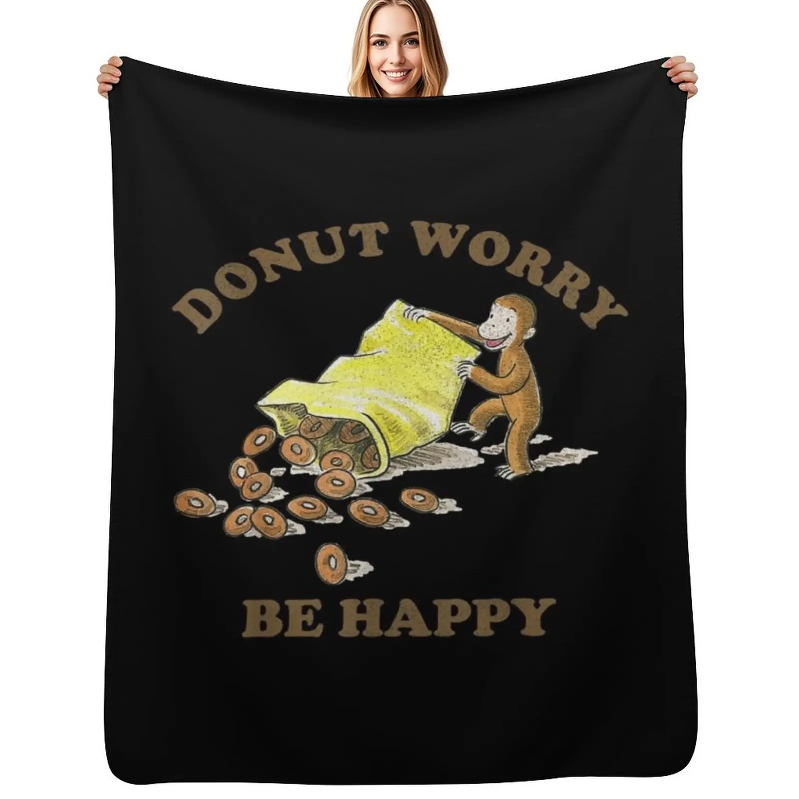

Curious George Donut Worry Be Happy Bag Of Donuts Throw Blanket Soft Solid Color Blanket for Couch Bed