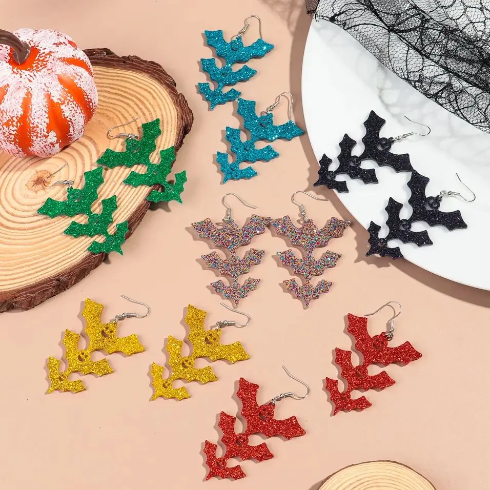 

New Glitter Bat Acrylic Halloween Earrings for Women Gothic Colorful Multilayer Bats Long Drop Earring Party Jewelry Gifts