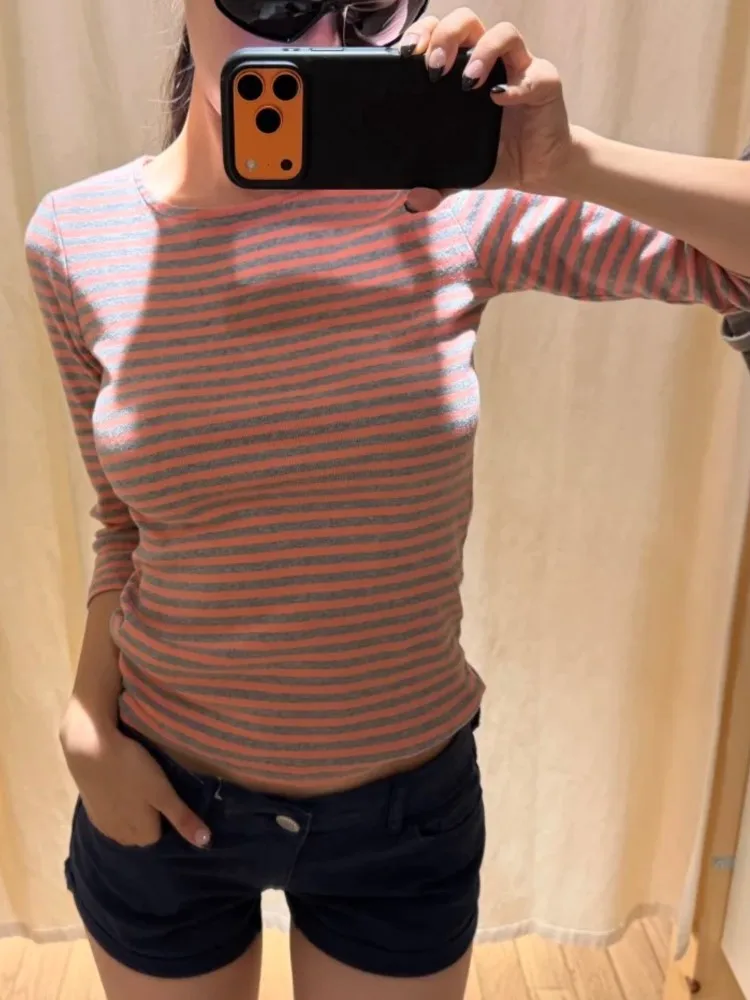 Striped Crew Neck Three Quarter Tees Women Autumn Simple Casual Cotton Slim Crop Tops Vintage Preppy Style Classic T-shirts Y2K