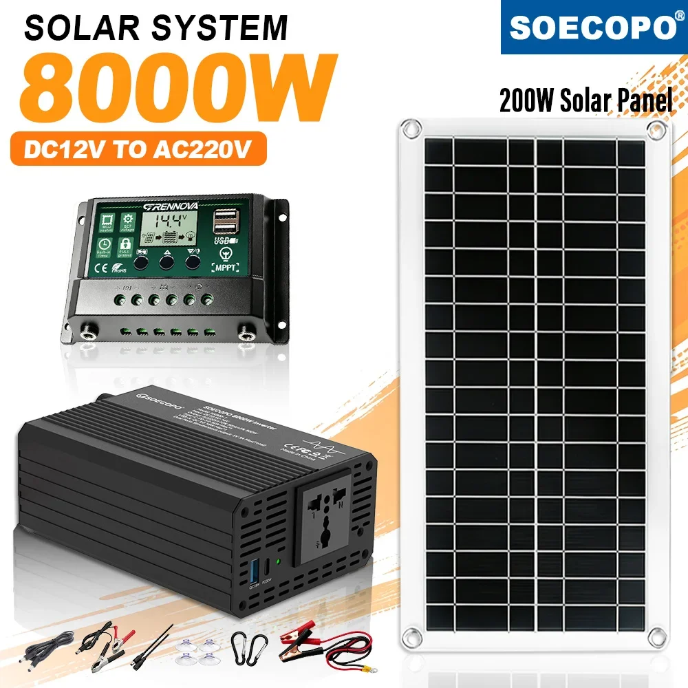 8000W Inverter Off Grid Solar Power System Kit Heat Resistant 300W Panel MPPT Controller for RV Camping Home Emergency Backup