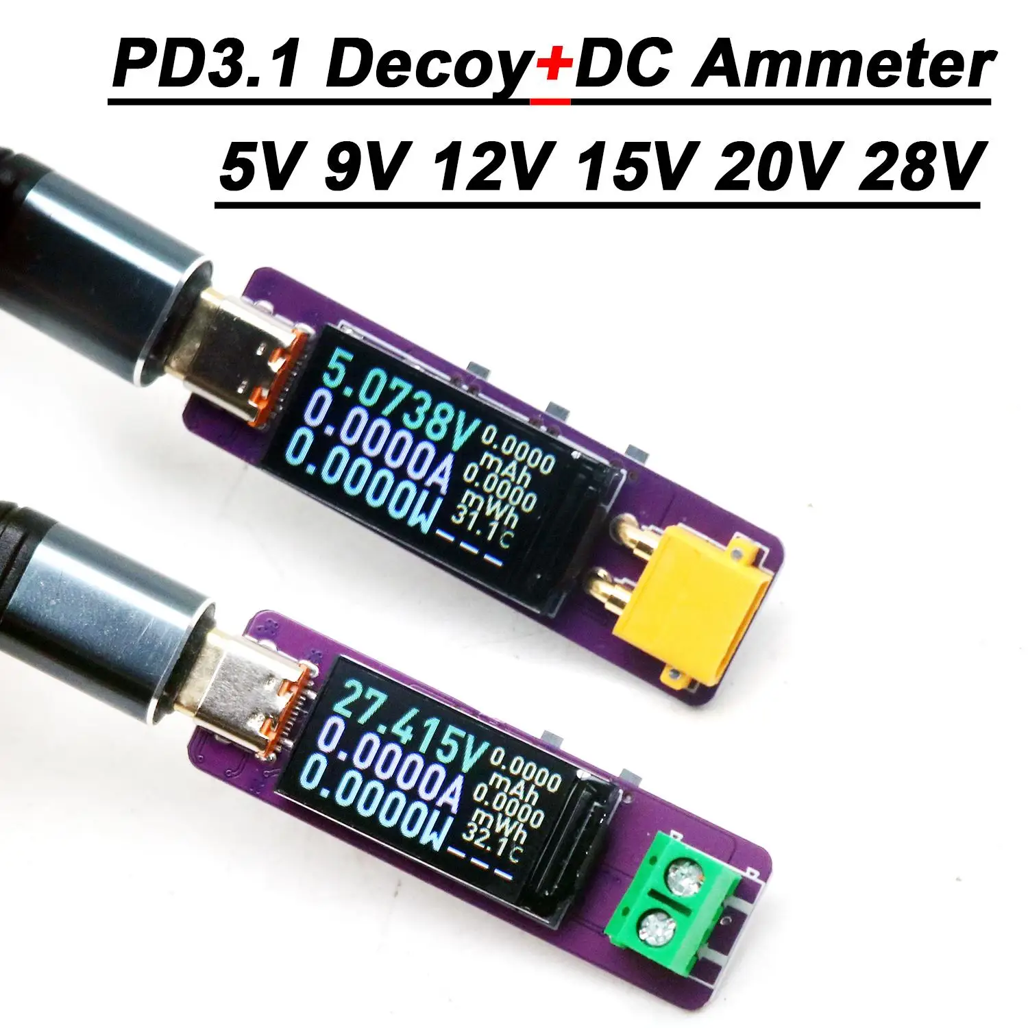 2in1 PD3.1 Decoy DC Voltmeter Ammeter Power Meter PD Voltage Trigger 5V 9V 12V 15V 20V 28V XT30/XT60 FOR RC Battery Fast Charger