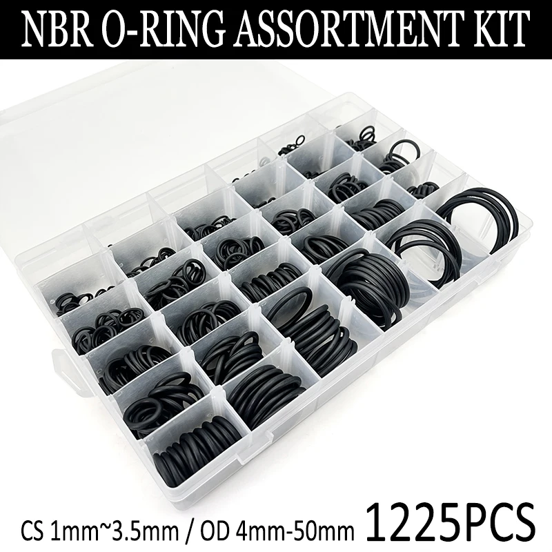 

1225 шт. маслостойкое черное уплотнительное кольцо NBR из нитриловой резины, комплект уплотнений CS 1 мм ~ 3,5 мм, наружный диаметр 4 мм-50 мм для машинных автомобилей, гидравлических систем
