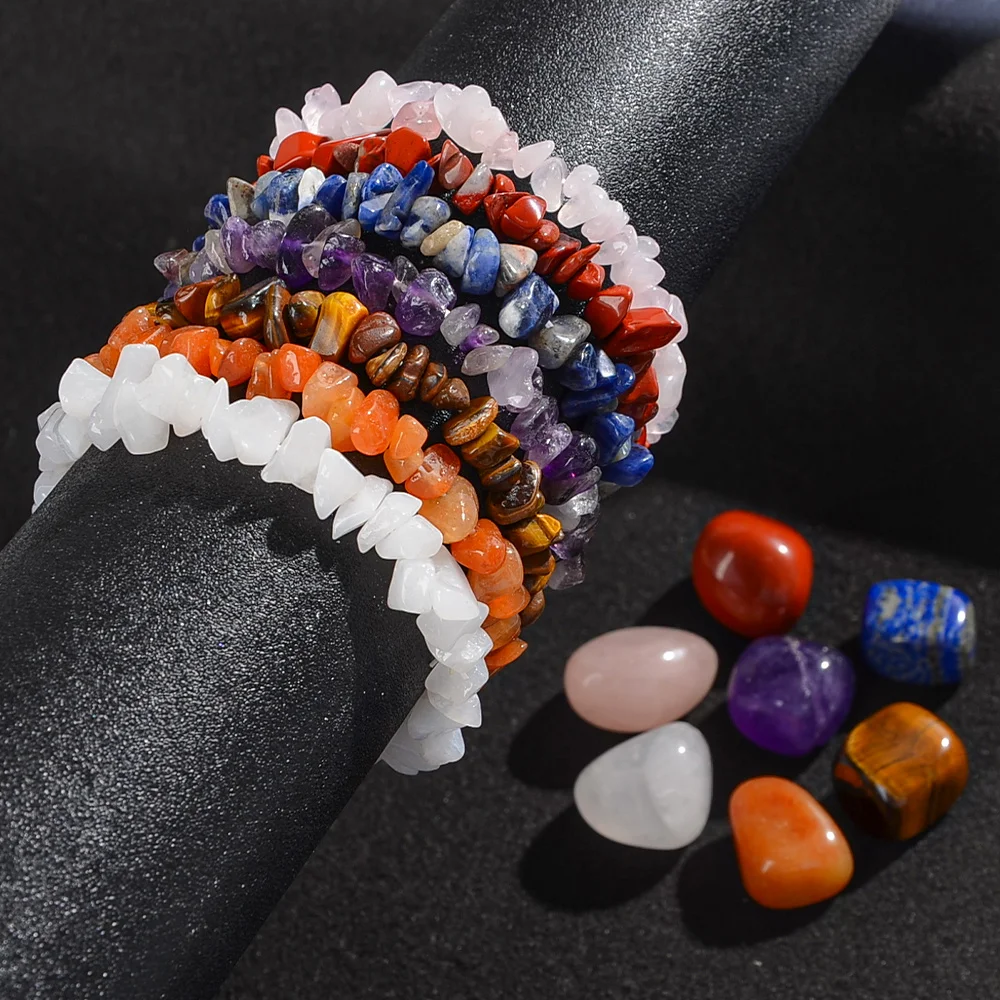6 Pcs/set Natural Stone Chips Bead Bracelet Amethyst Tiger Eye Irregualr Bracelets Reiki Healing Energy Jewelry Summer Gift