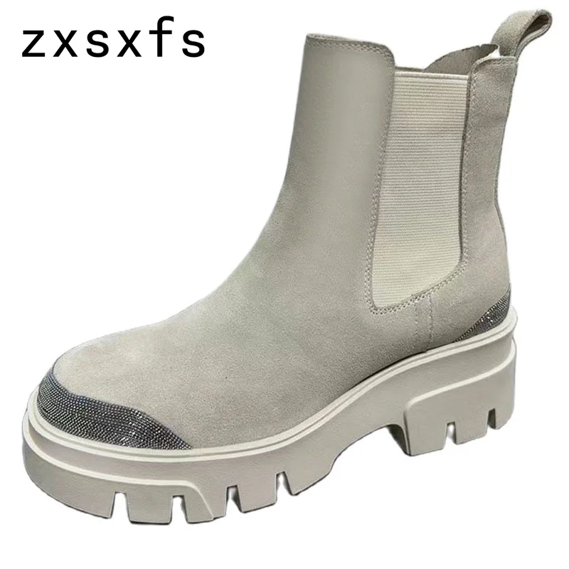 

Quality Cow Leather Platform Ankle Chelsea Boots Women Thick Sole Slip On Motorcycle Boots Autumn Casual Brand Shoes Botas Mujer