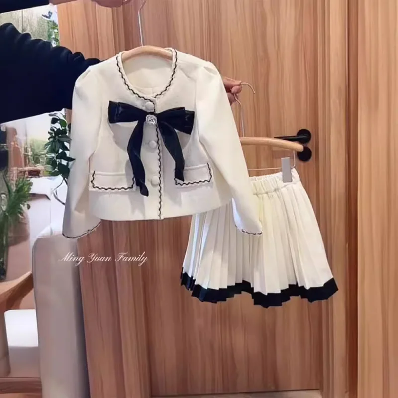 Hnq-Girls Suit Spring New Long Sleeve Coat+Pleated Skirt Two-Piece Set Children One Piece Dropshipping