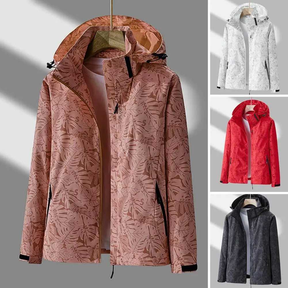 Chaqueta con capucha para mujer, cortavientos con estampado de hojas, impermeable, transpirable, para exteriores