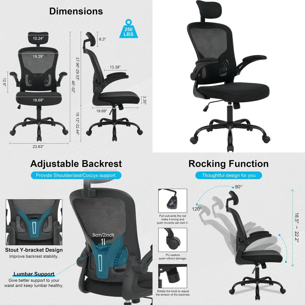 

Ergonomic High-Back Mesh Office Chair with Flip-Up Armrests, Black