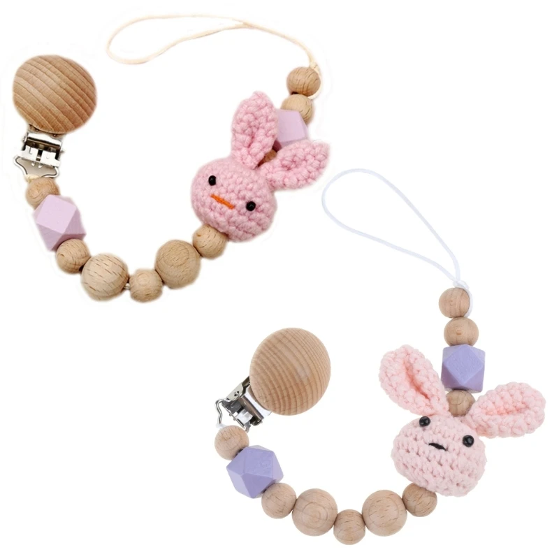 Baby Pacifier Clip Soother Holder Wooden Beads Crochet Rabbit Teether Chain Clip