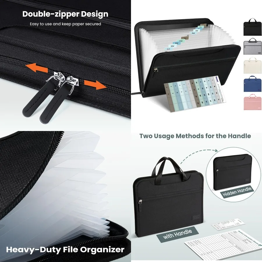 

Сверхмощный органайзер для файлов-гармошки Sooez со скрытой ручкой, портативные 12 карманов, расширяющиеся папки для файлов для букв/идеи размера A4