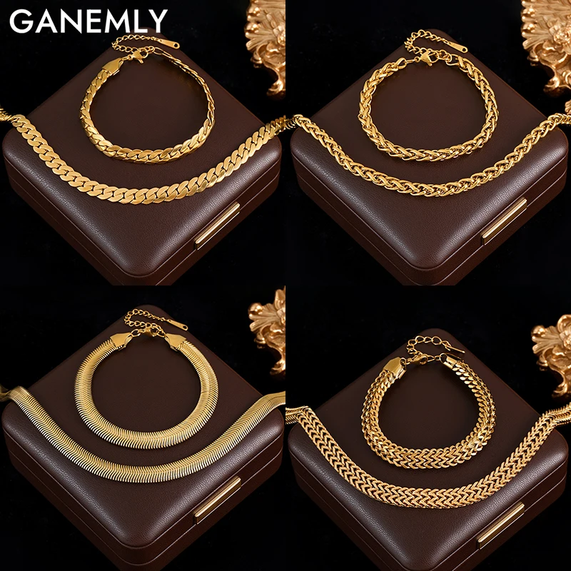 

GANEMLY 316L Stainless Steel Metal Chain Necklace Bracelet Set For Women Trendy 18K Gold Plated Waterproof Jewelry Lady Gift