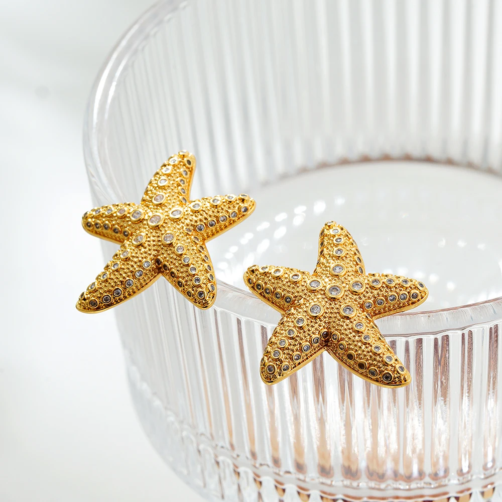 Creative Sparkling CZ Zircon Gold Plated Starfish Stud Earrings Texture Metal Sea Star Drop Earring Statement Jewelry Gifts Aros