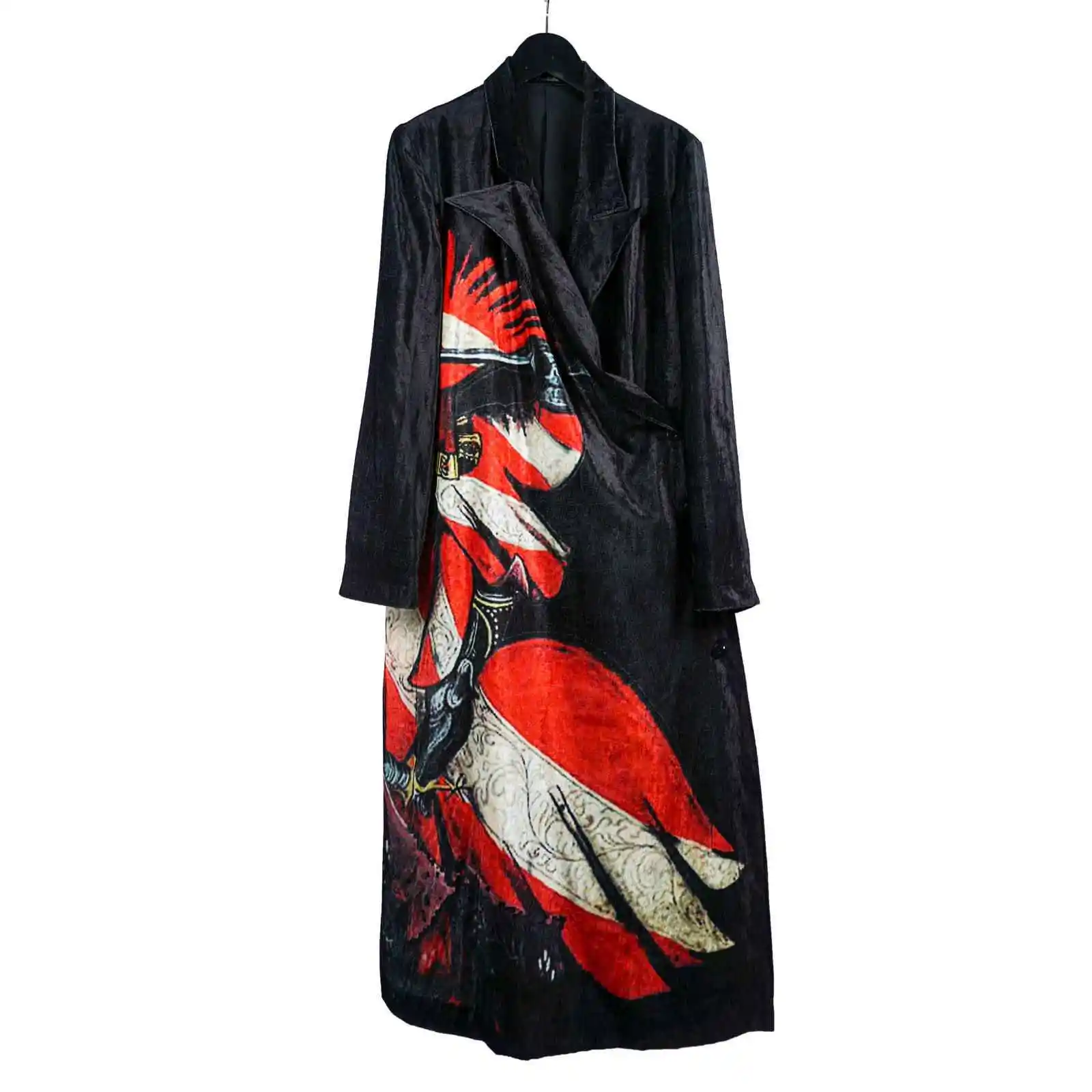 

TOP-YAMAMOTO's original design, dark and niche black loose trousers, velvet printed knight's trench coat