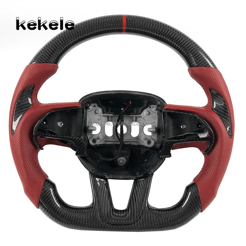 

Custom Herringbone Carbon Fiber Steering Wheel with Perforated Leather for Dodge Challenger Hellcat SRT RT Series Charger Sport