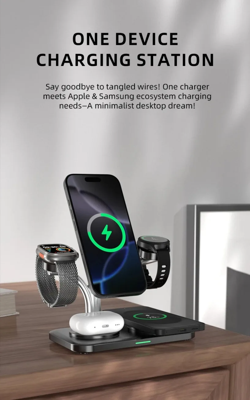 5 IN 1 15W Dual Phone Watch Magnetisches kabelloses Ladegerät Schnellladung für iPhone 17~12 Samsung Apple/Galaxy Watch Aipods Pro/Buds – Detail 1