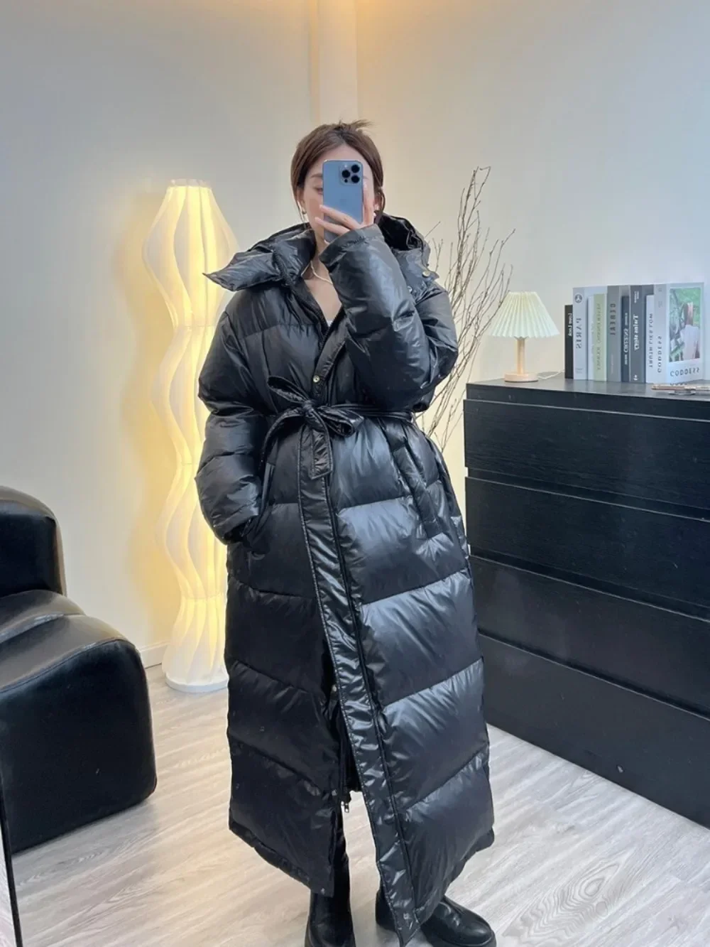 

Women's Down Jacket Women Casual Thick Long Duck Down Puffer Coat Hooded Female Waterproof Parkas with Sashes Outwear