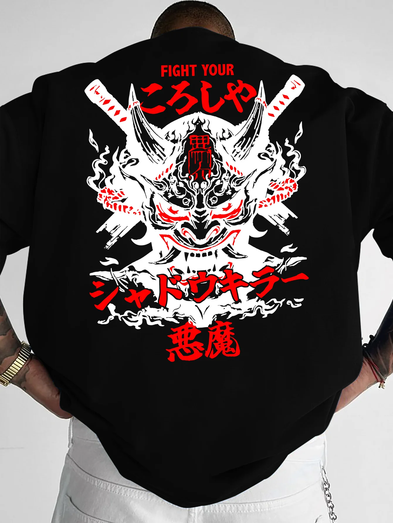 Men's Japanese Oni Demon Print T-shirt Oversized 100% Polyester Samurai Streetwear Graphic Tops S-XXL