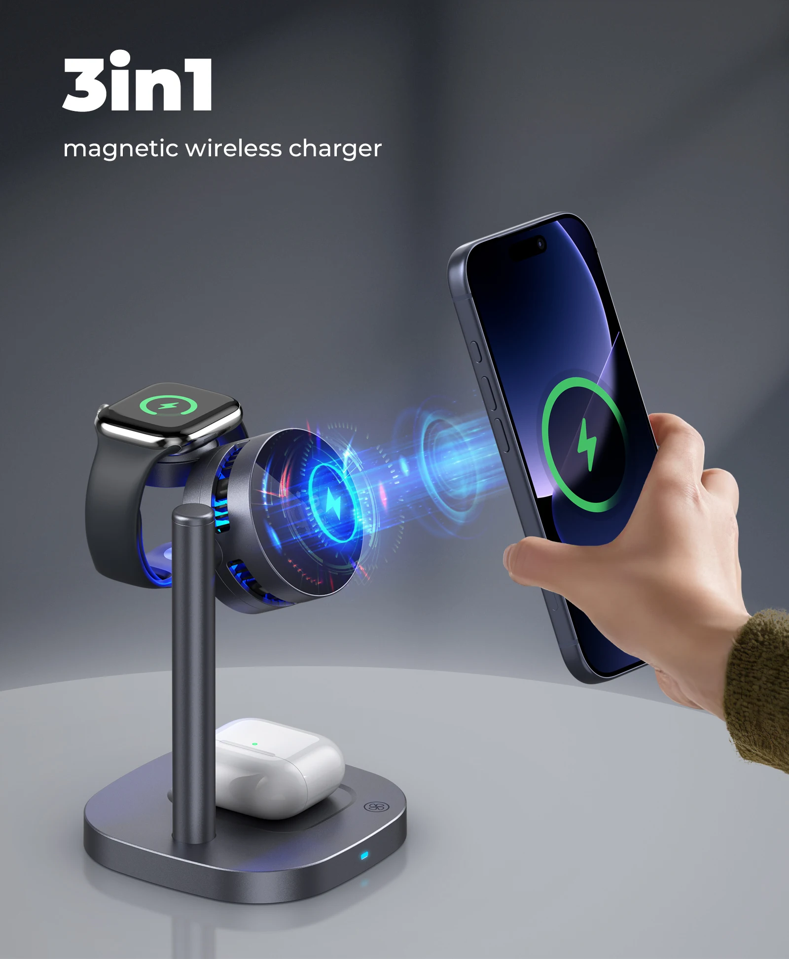 Qi2.2 25W TEC Stand Wireless Charger 3in1 Cooling Magnetic Charging Station for iPhone Sumsung iWatch Airpods