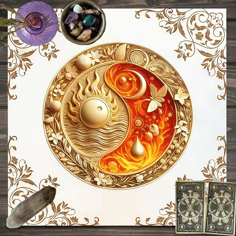 VIKAMA Golden Floral Sun Moon Yin Yang Tarot Cloth Witch Altar Mat Wicca Divination Oracle Card Crystal Grid Decor