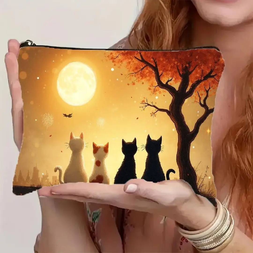 

A Artistic Cat Silhouette Printed Makeup Bag- Multifunctional Zipper Pouch, Jewelry Storage Bag, Perfect Travel Zipper Small Sto