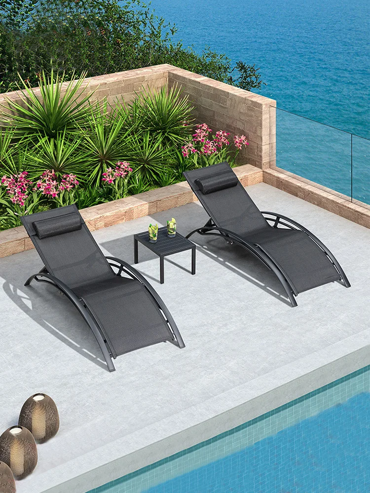 Chaise longue de balcon moderne imperméable, chaise de plage en alliage d\'aluminium, meubles de 3 pièces