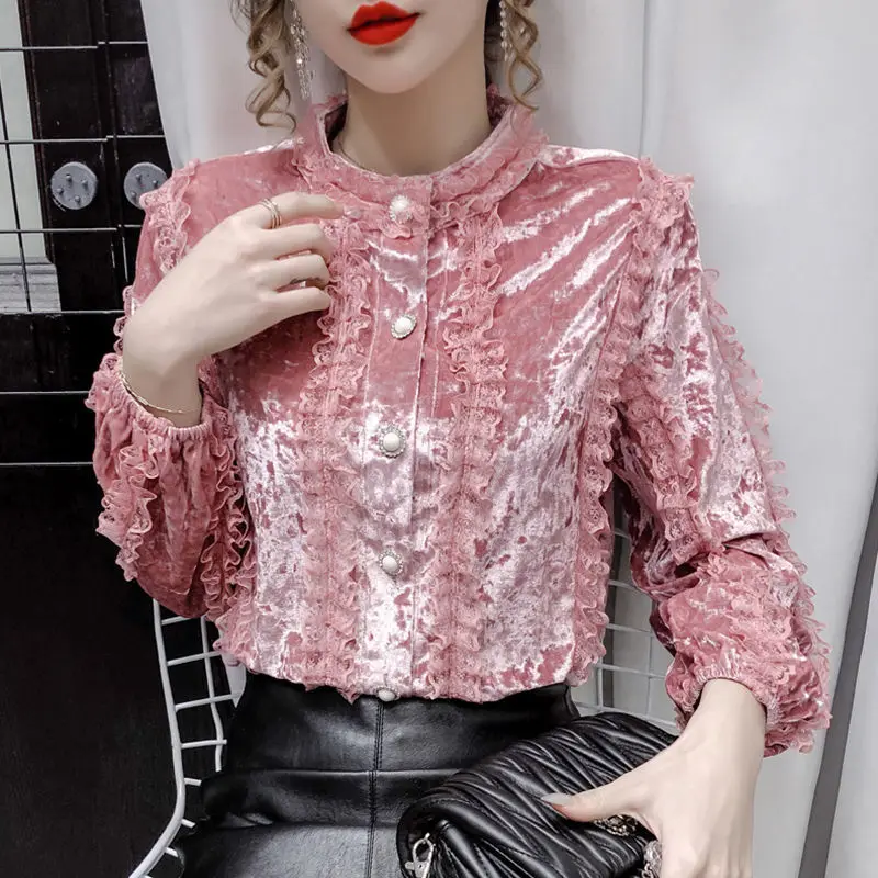 Elegant Stand Collar Button Spliced Lace Ruffles Blouses Women\'s Clothing 2023 Winter Loose Korean Tops Butterfly Sleeve Shirts