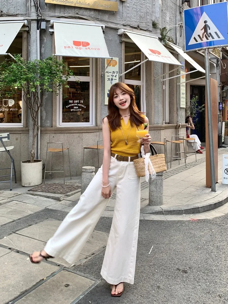 

Slimming High Waist Wide Leg Jeans Casual Summer White Straight Cut Women's Jeans Casual Cotton Stretch Denim Pants
