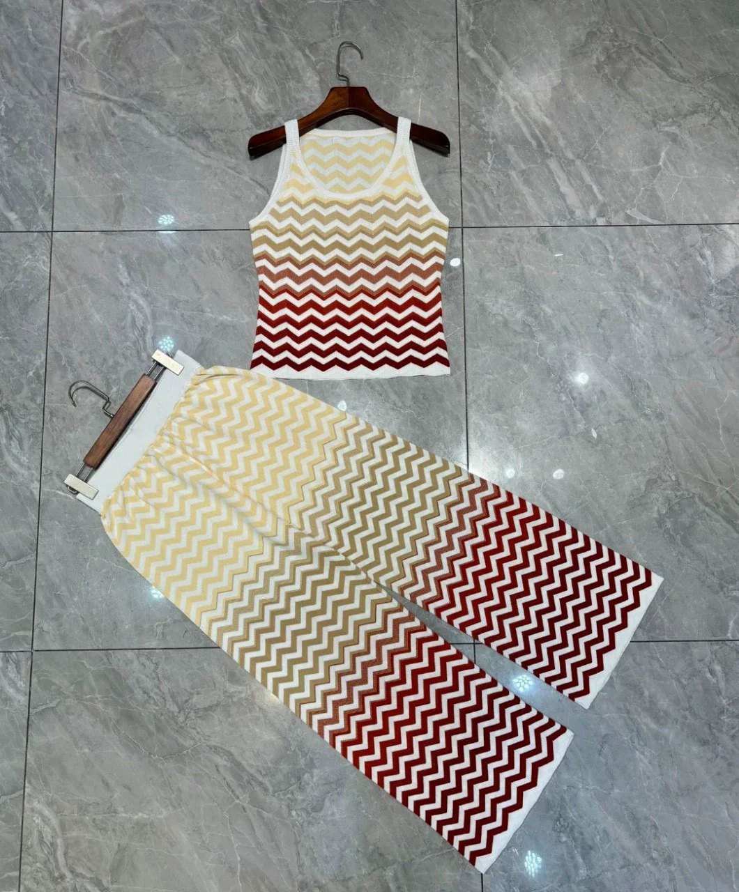 Gradient Striped Women Knitted Set Sleeveless Round Neck Vest Top + Elastic Waist Straight Long Pants Casual Female Knit Suit
