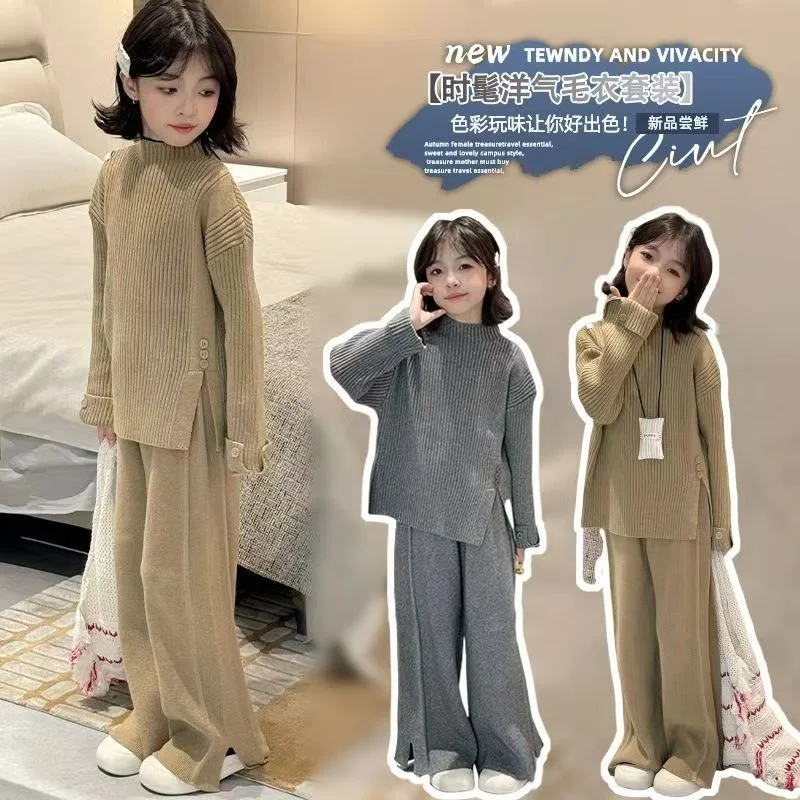 

Girls Autumn Knitting Sweater Sets Pullover Girls Clothing Sets Winter Korean Sweater Pants Children Knitted Wool Trouser Suits