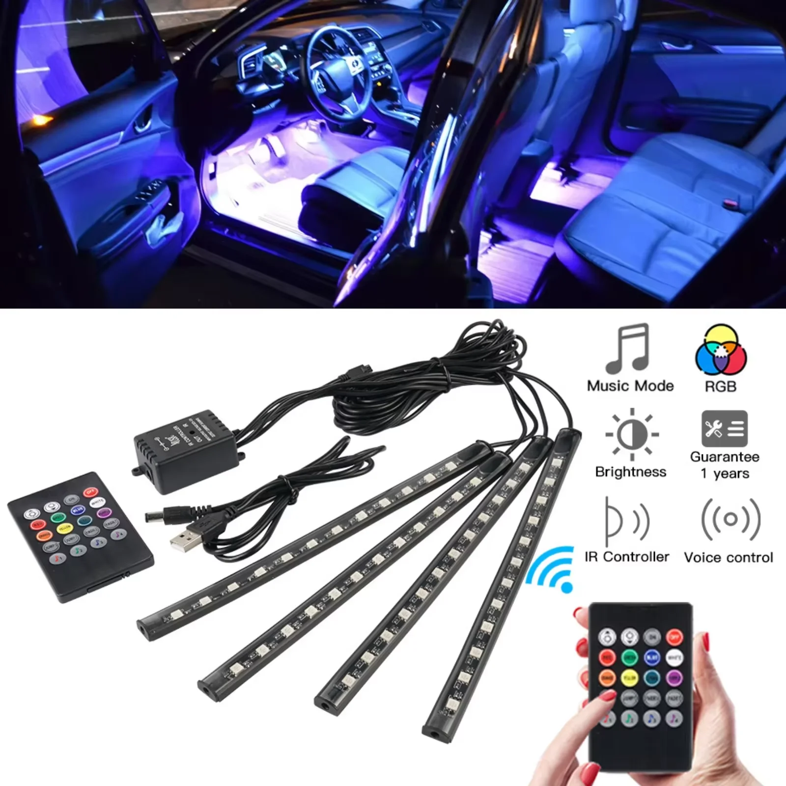 Neon 48 LED Auto Innendekoration Atmosphäre Streifen Licht Fernbedienung mit USB Stecker RGB Mehrfarbige Auto Dekorative Lampen