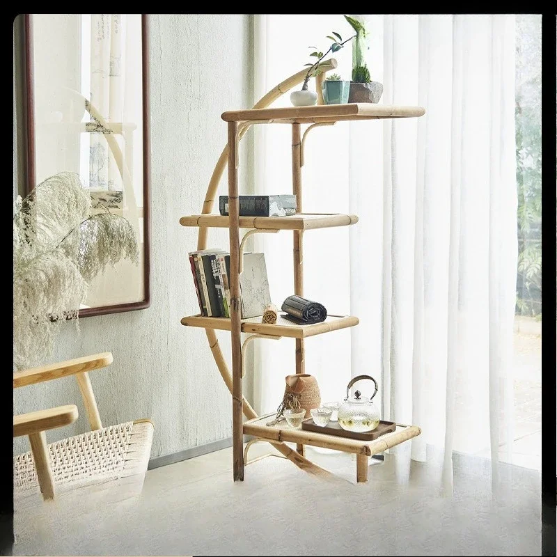 Modern simple rattan multi-layer bookshelf living room storage moon shelf small apartment ins rattan Japanese decorative shelf