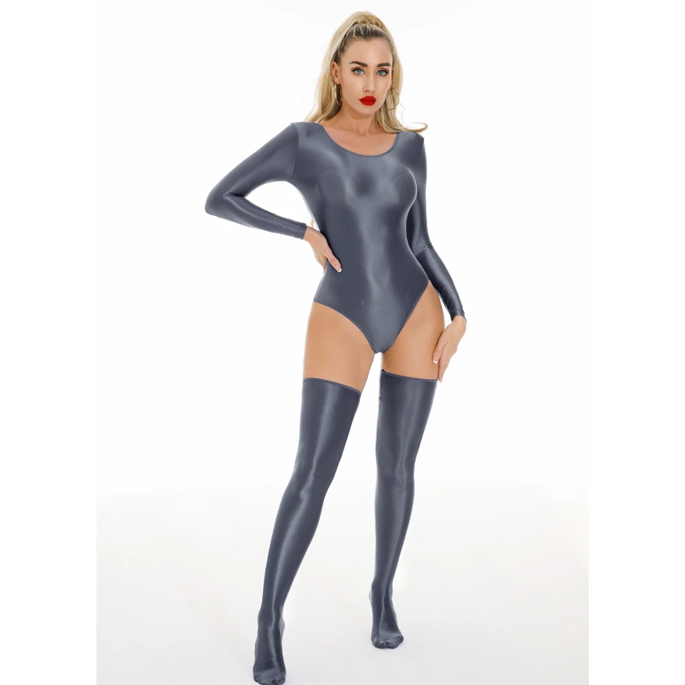 Neuer Unisex Glänzender Langarm-Catsuit Badeanzug Strumpfhose Sexy Body Teddies Elastischer Fitness-Bodysuit Bademode Leotard Unitard – Detail 6