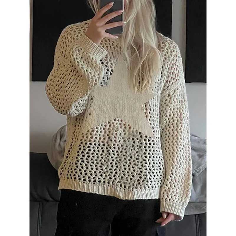 

Женский свитер-пуловер Weekeep Distred Crochet Star оверсайз с низкой талией из бамбукового волокна, весенняя модная одежда для женщин