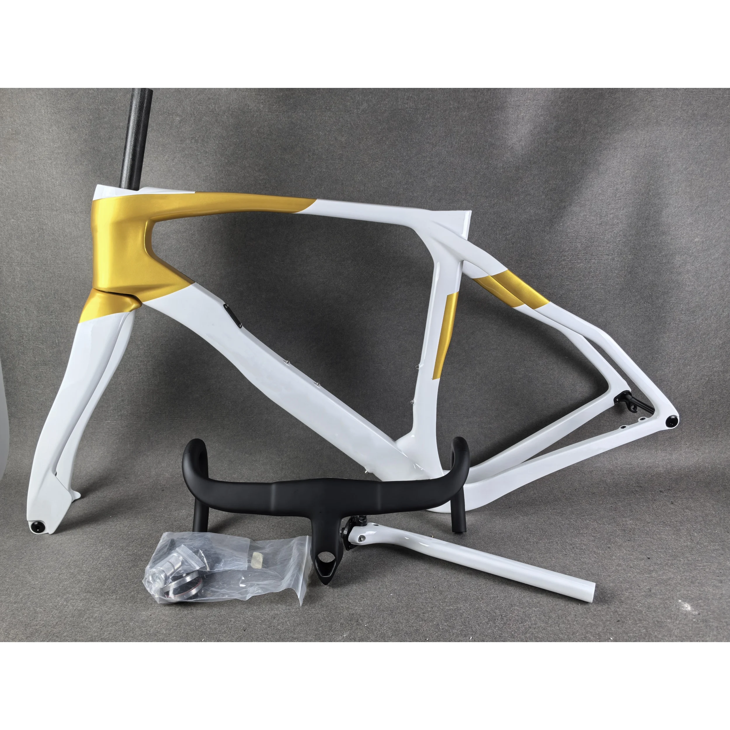 2024 Carbon Fiber Gravel Bike Frame White Gold Color T1100 BSA Disc Brake Racing Bicycle Frameset + Handlebar Custom Logo DPD