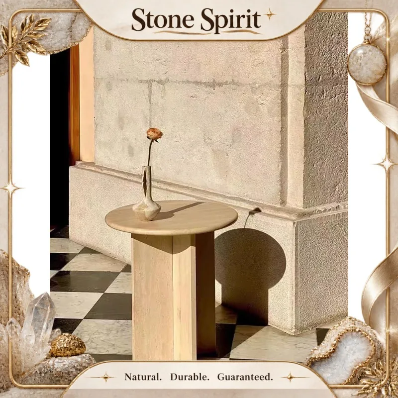 【Natural】Nordic Minimalist Travertine Side Table, Wabi-Sabi Mini Round Coffee Table for Living Room Sofa & Balcony, Customizable