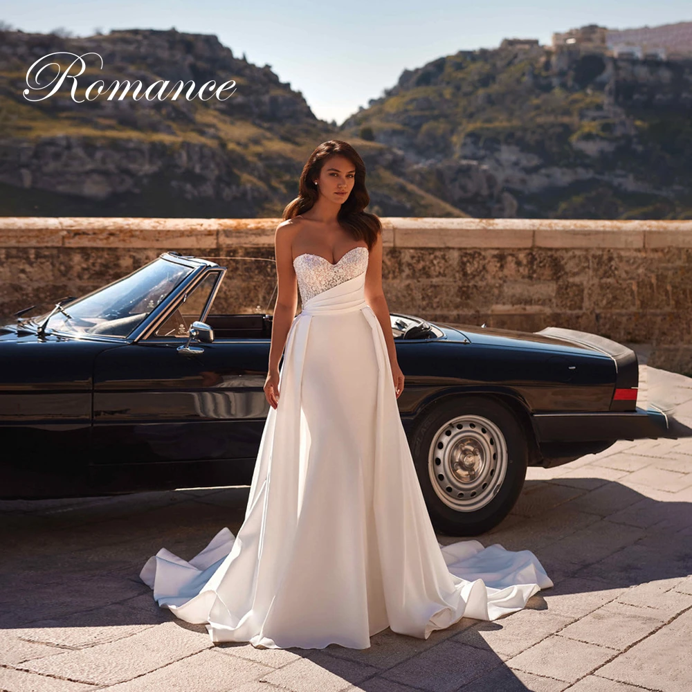 

Elegant Beading Lace Mermaid Wedding Dress Pleat Detachable Train Boat-Neck Puff Sleeve Open Back Vestidos De Novia Customized