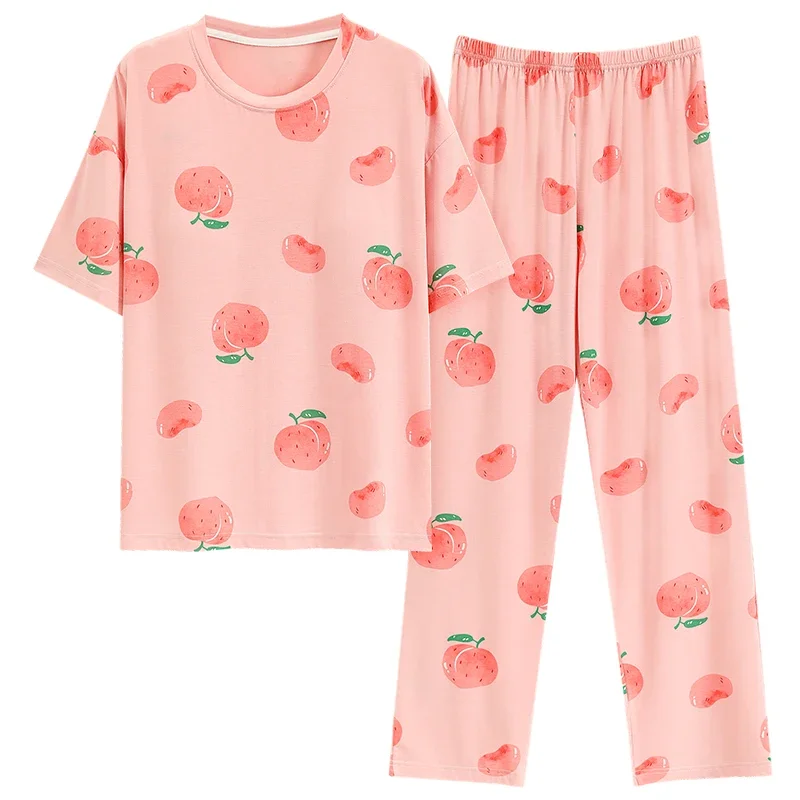 Summer With Chest Pads Casual Tracksuit Women Short Sleeve Tops + Pants Pajamas Set Female Lovely Print Sleepwear O-neck Pijamas