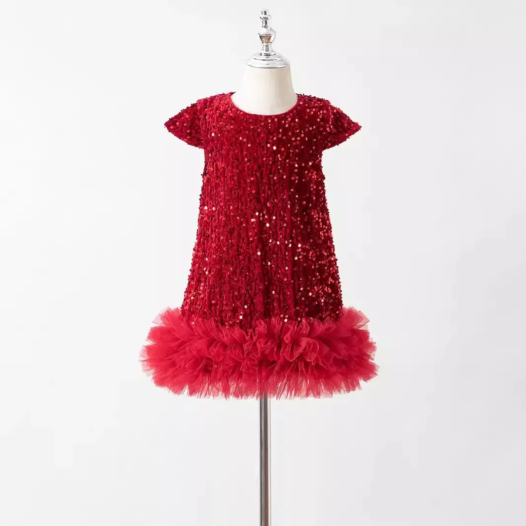 Girls Sequined Vest Party Dress Short Sleeves Children's Christmas Party Fluffy Tutu Dresses Formal Clothing New Years Costumes