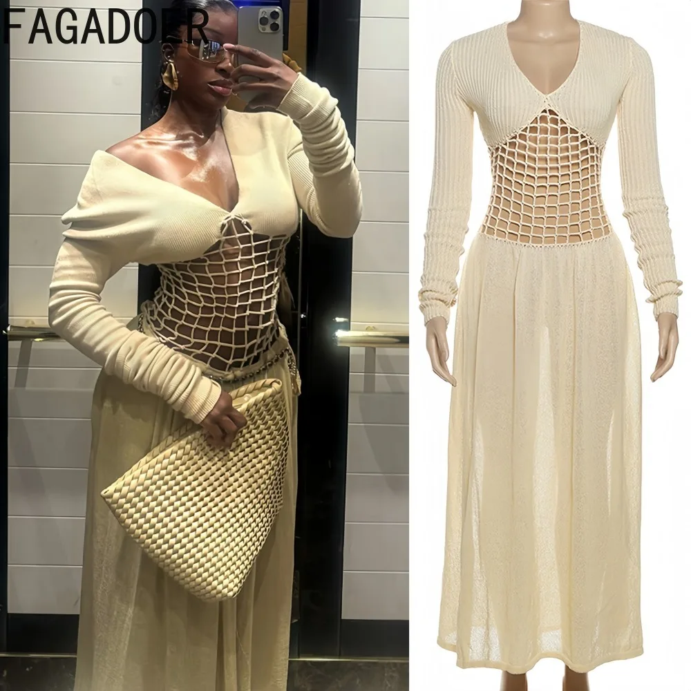 

FAGADOER Sexy Knitting Hollow-out Bodycon Long Dresses Women Deep V-neck Long Sleeve Dress Female Streetwear Vestidos 2025 New