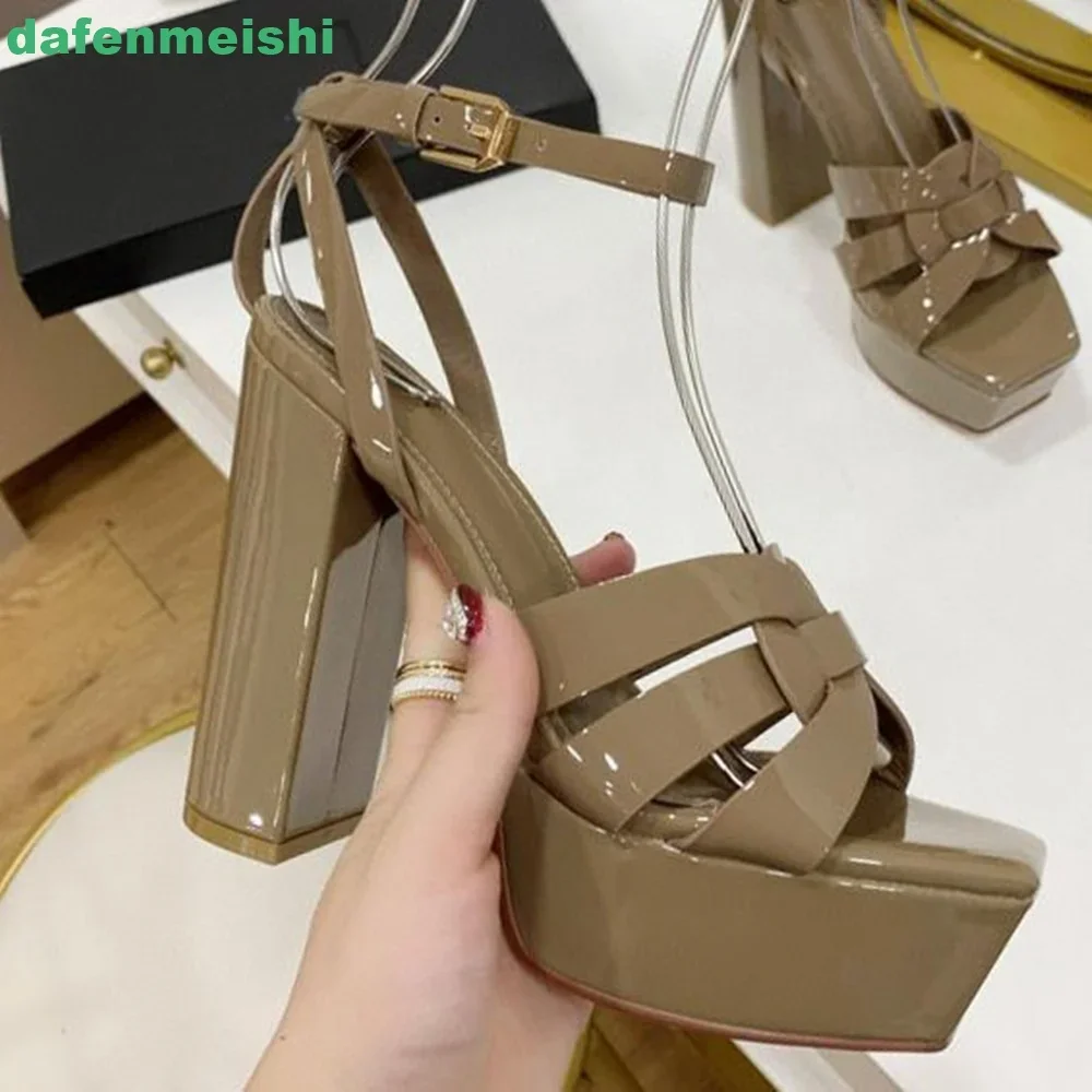 Super High Chunky Heel Square Toe Platform Fashion Sandals Cross Strap Patent Leather Women Sandals 9.5Cm/12.5Cm Summer Sandals