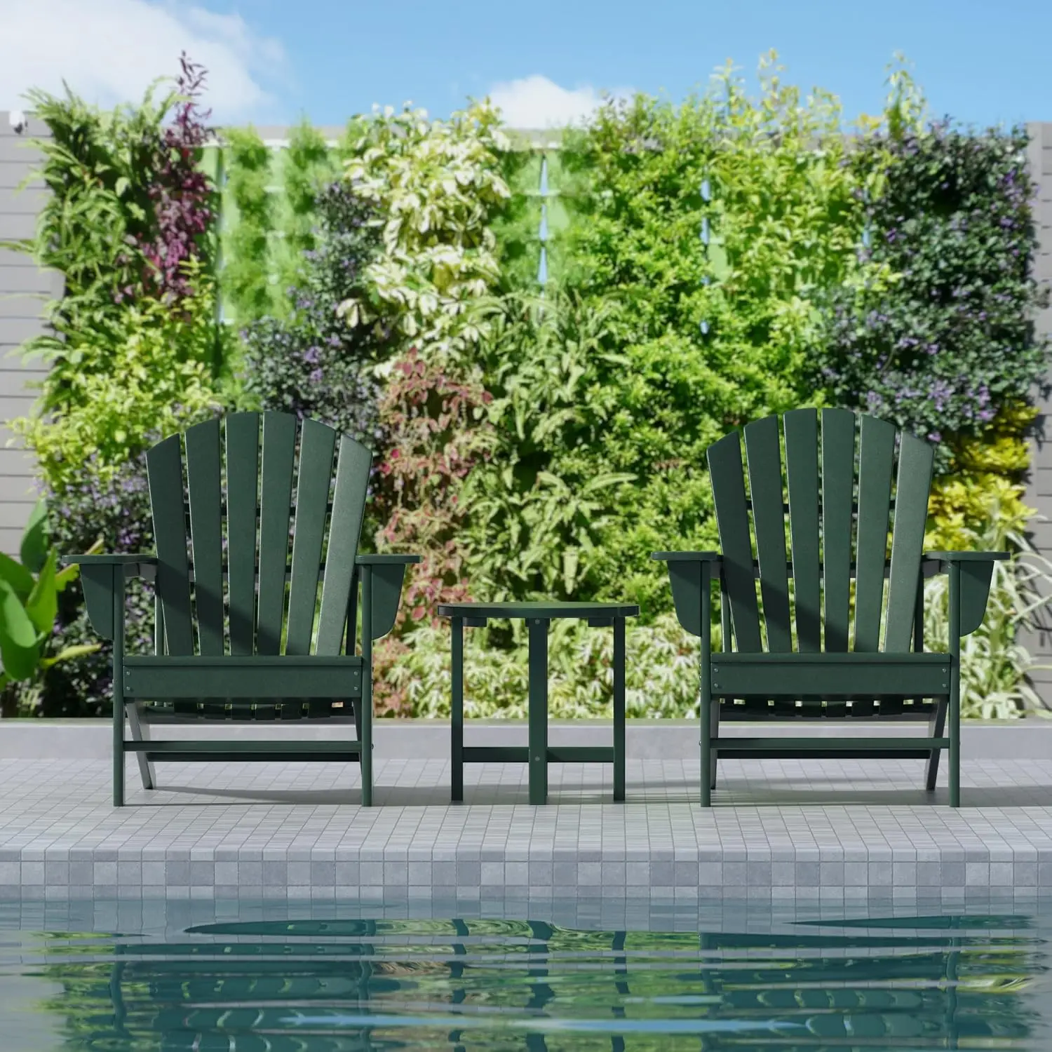 Outdoor Adirondack Chair Set 2pcs with Side Table, Poly Lumber Retro Lounger for Patio Garden Lawn, Dark Green, Customized
