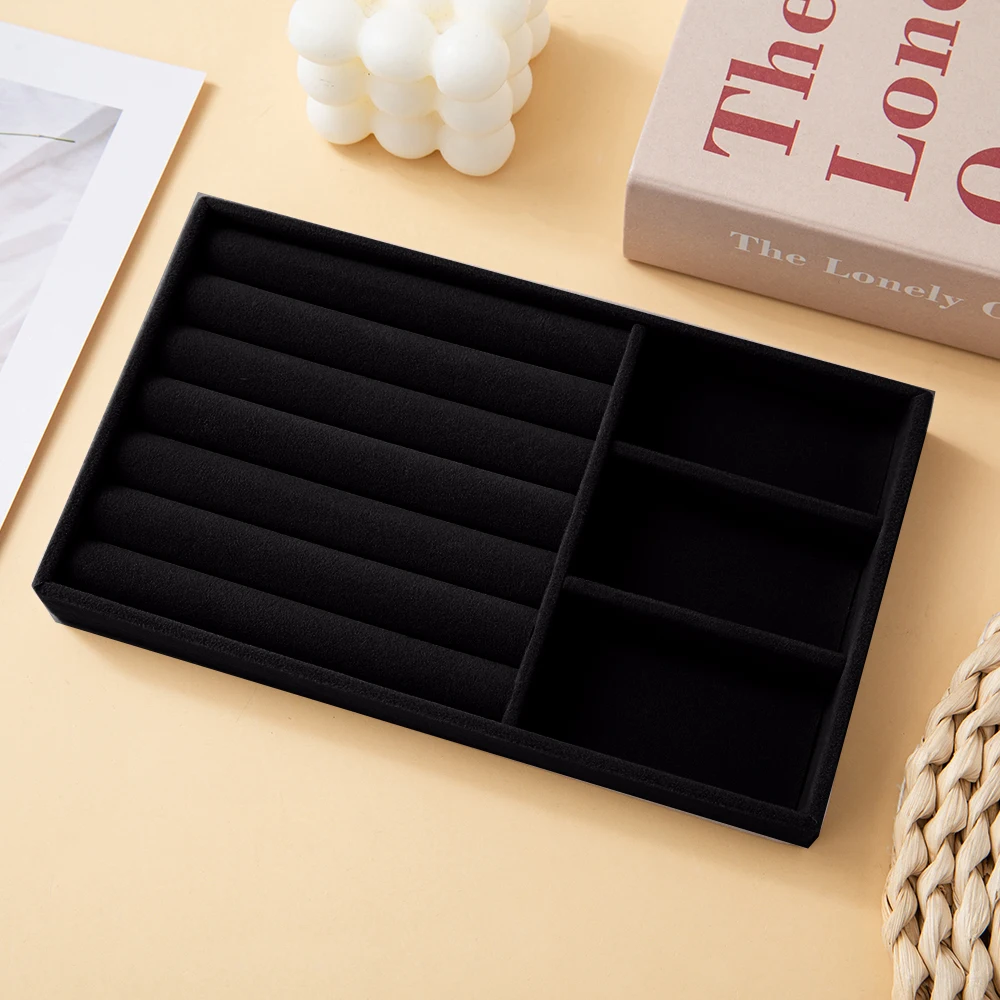 منظم المجوهرات السوداء علبة تخزين المجوهرات المخملية عرض حلقة سوار قلادة صندوق تخزين درج العرض #5