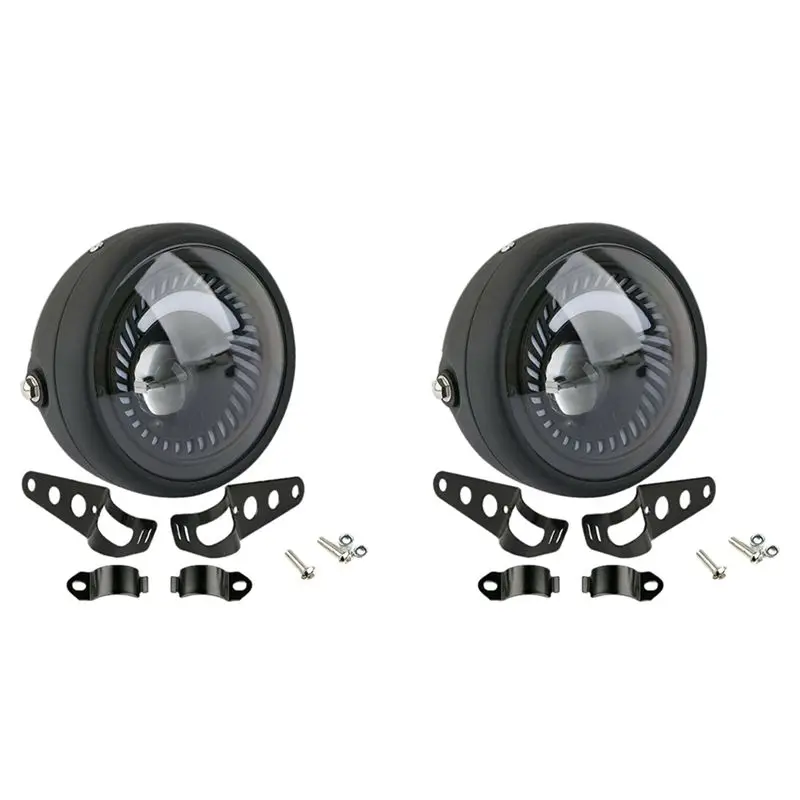 Powerful 2X Motorcycle Cafe Racer Bobber 6.5 Inch LED Headlight Spiral White Side Mount Bracket