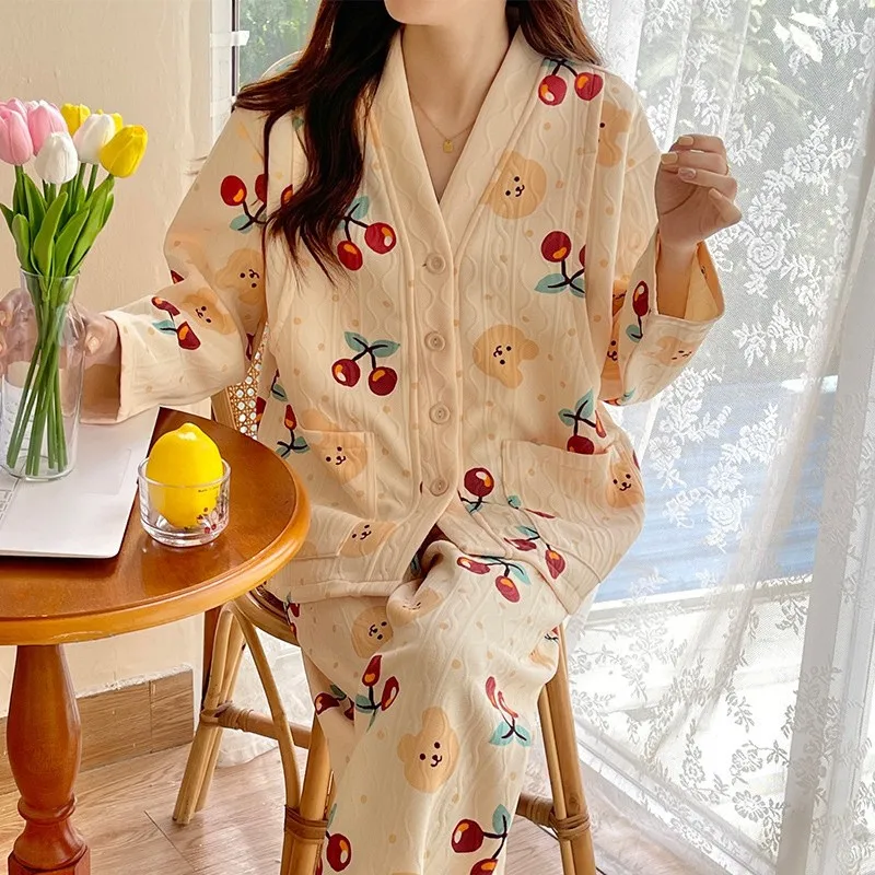 2pcs Autumn Winter Maternity Pajamas Set Thicken Breastfeeding Sleepwear Maternity Clothes Pajama Cotton Nursing Clothes Suit