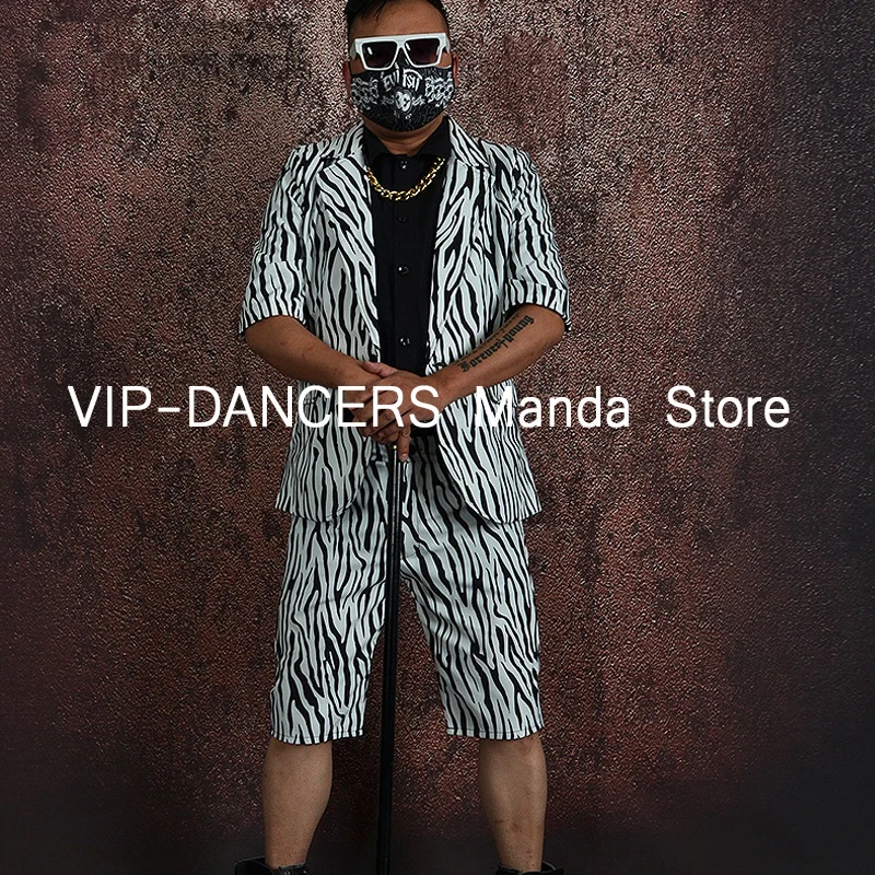 Black White Stripe Suit Male Stage Performance Outfit Hip Hop Jazz Dance Clothes Nightclub Bar Party Show Dancer Wear New VDL744