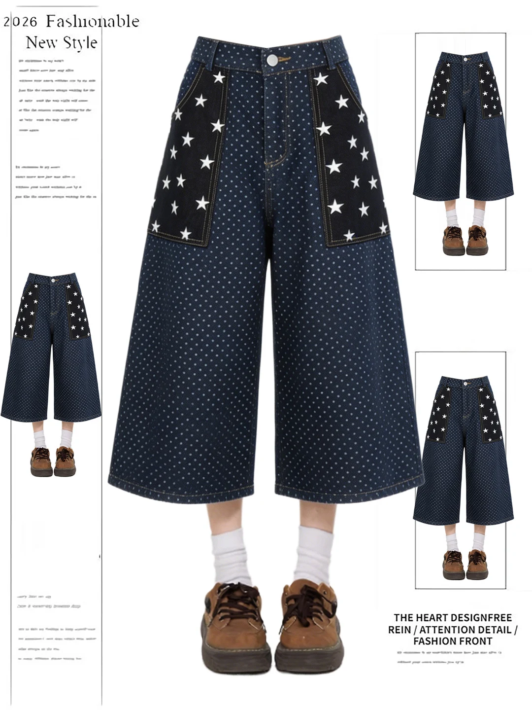 

Retro American Polka Dot Deep Blue Star Denim Seven-Foot Pants Women Summer Loose High Waist Casual Anti-Aging Wide Leg Mid-P...